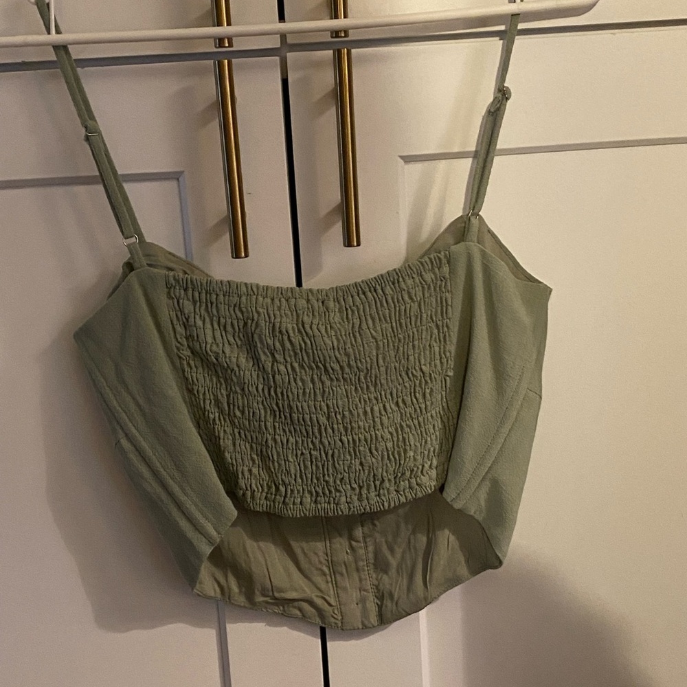 Ally Green Cami Crop Top Corset Linen casual chic coquette cottagecore milkmaid - Picture 9 of 15